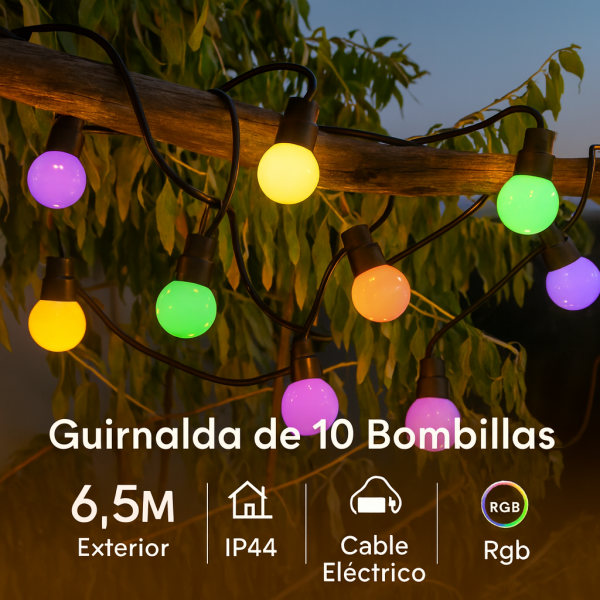 Guirnalda de 10 bombillas 6,5M Exterior IP44 cable eléctrico RGBW - N - Imagen 4