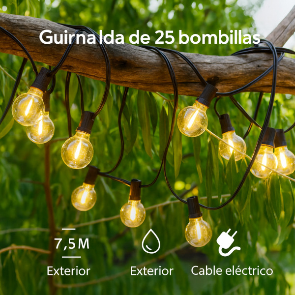 Guirnalda de 25 bombillas 7,5M Exterior IP44 cable eléctrico - N - Imagen 4