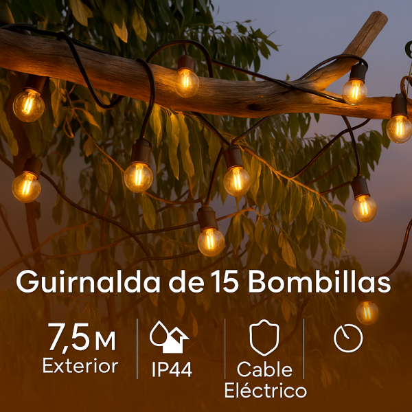 Guirnalda de 15 bombillas 7,5M Exterior IP44 cable eléctrico - N - Imagen 4